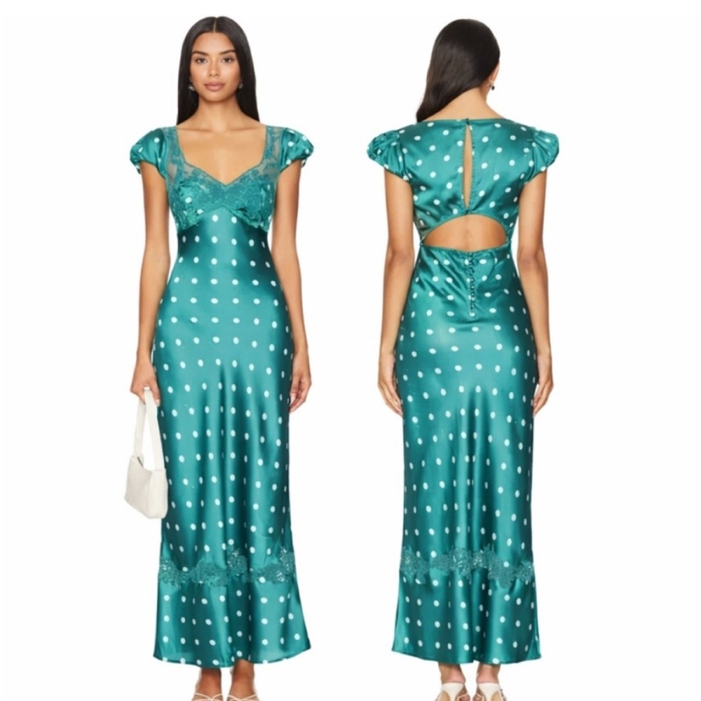 Free People Butterfly Babe Maxi‎ Dress Green Polka Dot Large